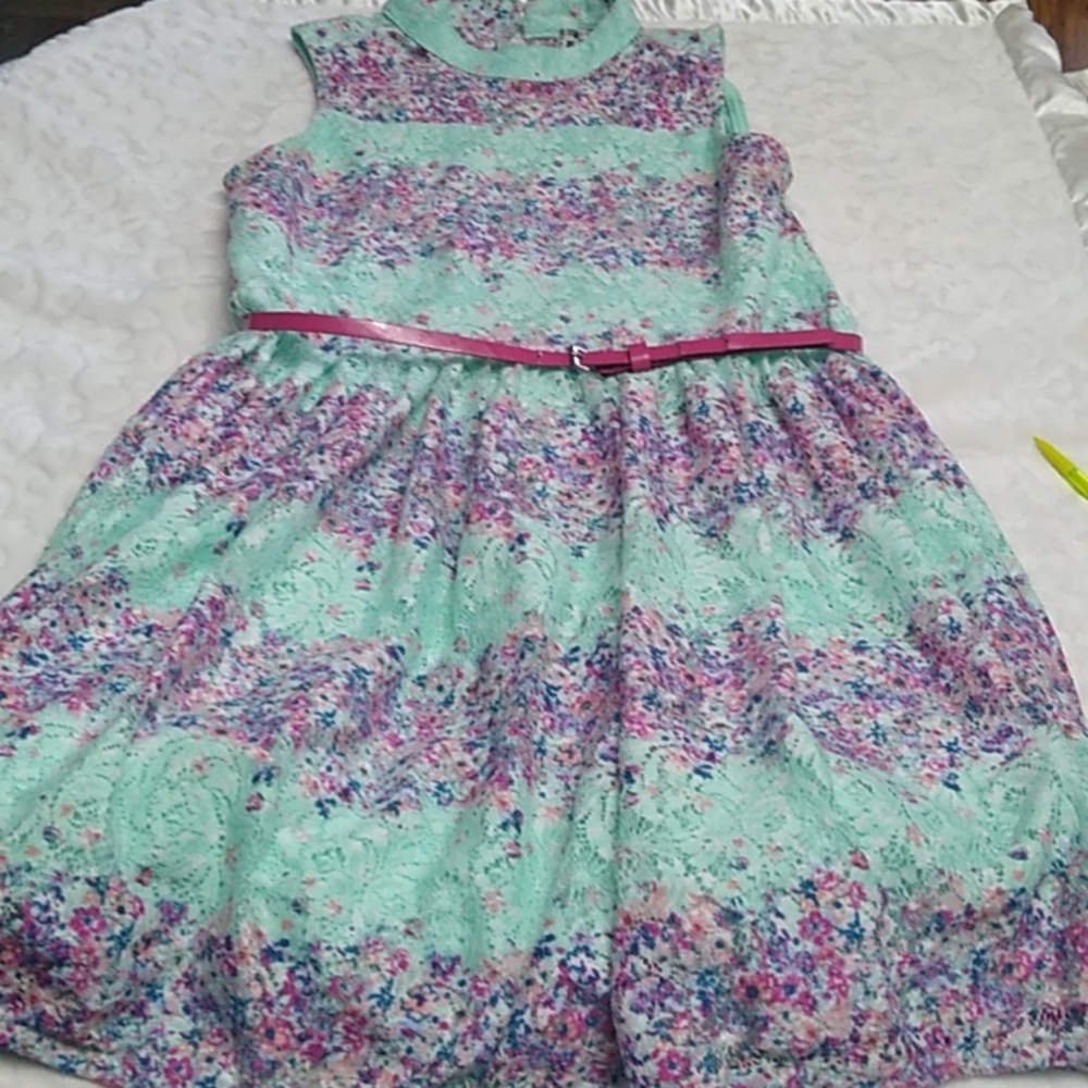 🩵💜 Girls Size 16 Aqua & Floral Lace Overlay Dress With Belt
